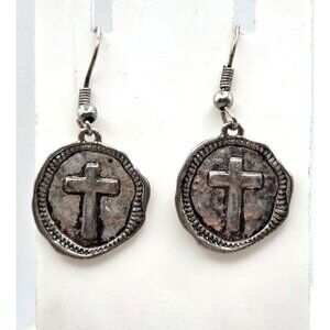 Rustic Silver Cross Dangle Earrings For Women